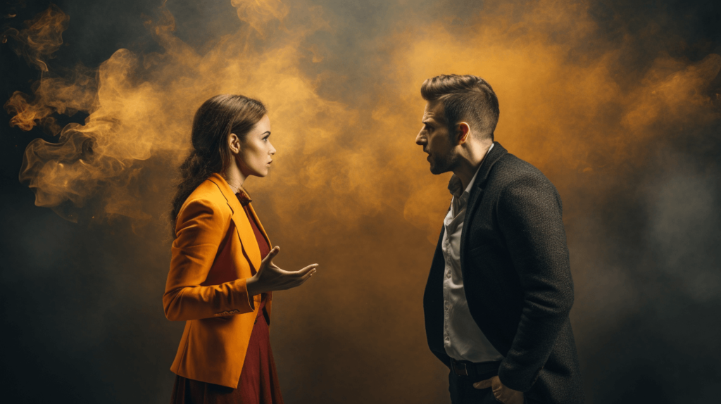 Deux personnes se disputant. Une gérant le conflit plus facilement, main ouverte